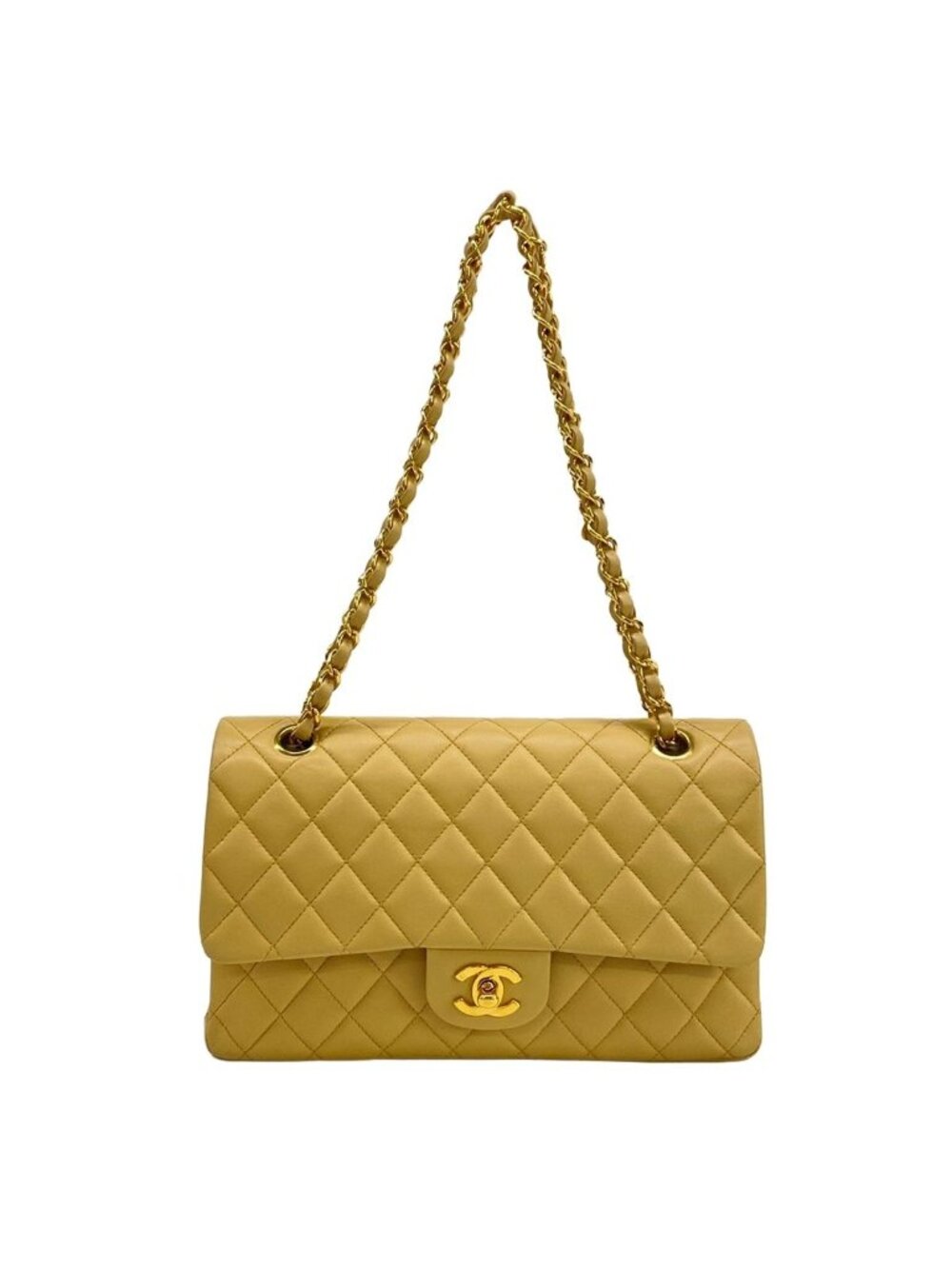 Chanel Shoulder Bag Double Flap Quilted Beige Chain Gold Lambskin